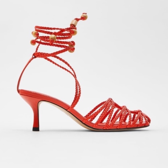 Zara kitten heel Red Strappy Women's Sandals 40 fits US 9 - Picture 1 of 8